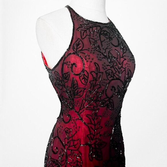 Vintage Burgundy Red Floral Beaded Silk Bodycon Maxi Formal Prom Dress Size S/M - Picture 6 of 8